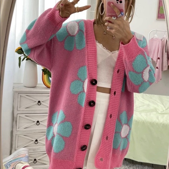 Cardigan sweater floral pink blue knit womens - Picture 2 of 8